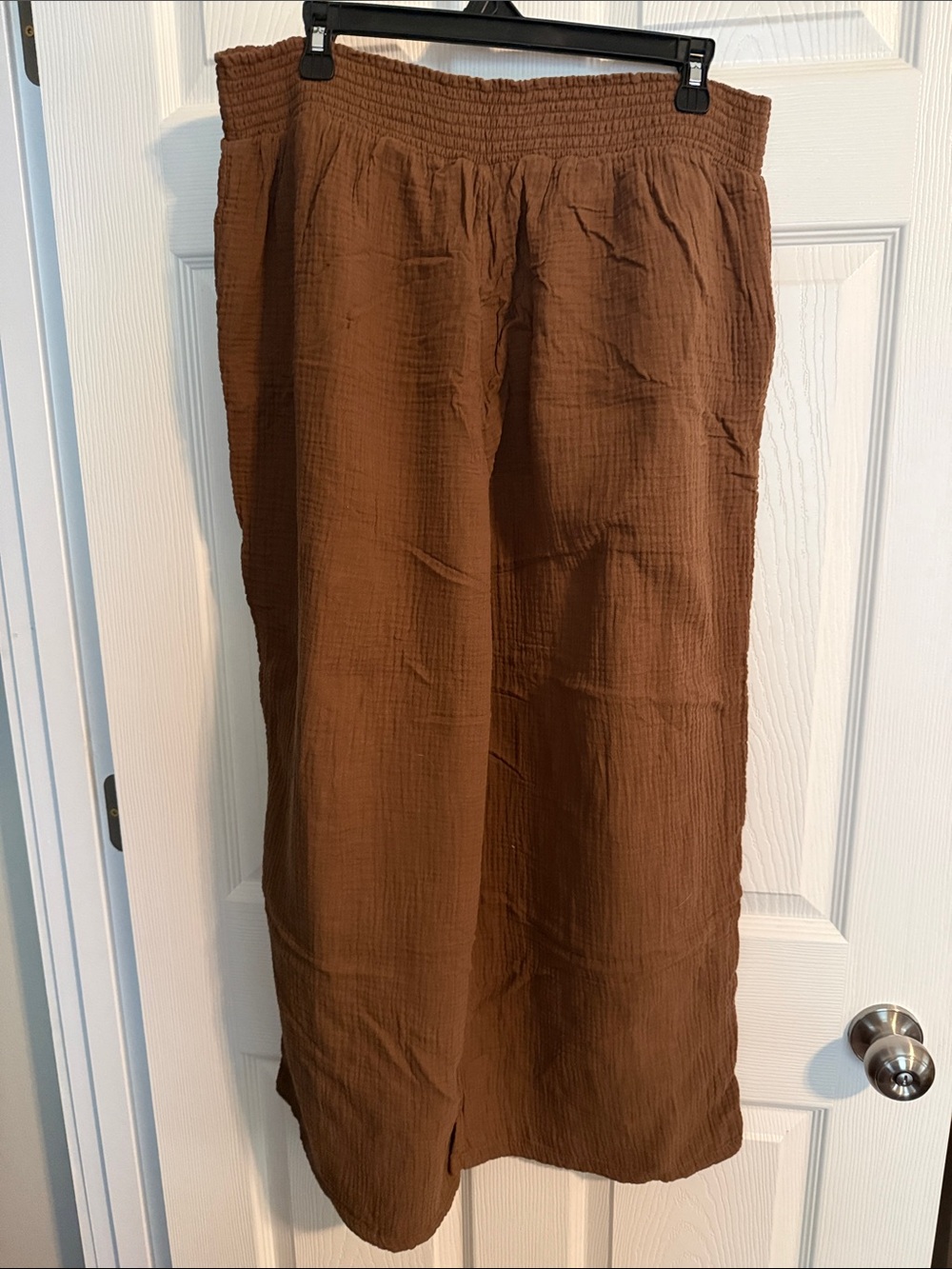 Women's Brown Textured wide leg Cotton Pant - Picture 3 of 6